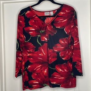Chico's Red/Black Flowered Top - Size 3 (XL)